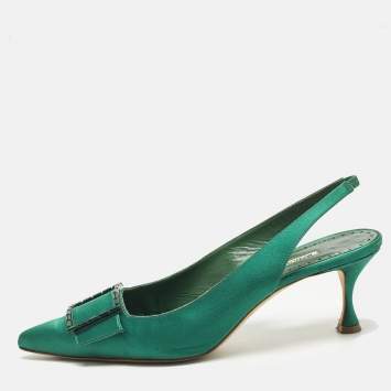 Pre Owned Manolo Blahnik Dolores Size 40 Green Satin Slingback Pumps