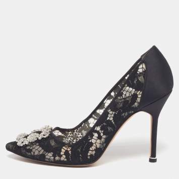 Pre Owned Manolo Blahnik Hangisi Size 39 Black/Navy Blue Lace and Satin Crystal Embellished Pumps