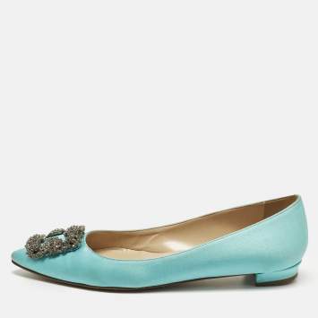 Pre Owned Manolo Blahnik Hangisi Size 38 Blue Satin Ballet Flats