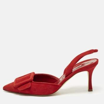Pre Owned Manolo Blahnik Maysli Size 38 Red Suede Slingback Pumps