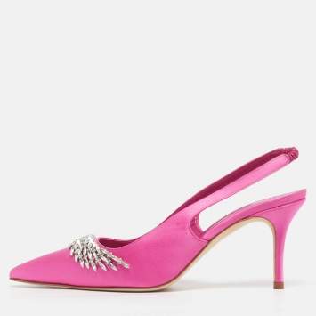 Pre Owned Manolo Blahnik Terala Size 40 Pink Satin Crystal Embellished Slingback Pumps