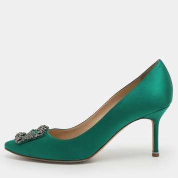 مملوكة مسبقًا Manolo Blahnik Hangisi Size 41 Green Satin Pumps
