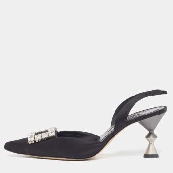 Pre Owned صندل سلاينغبك مانوولو بلانيك بريتاسلي ساتان أسود مزين بالكريستال مقاس 39.5