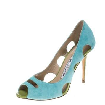 Pre Owned Manolo Blahnik Aqua Green Suede Cutout Peep Toe Pumps Size 35.5