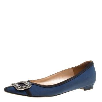 Pre Owned Manolo Blahnik Navy Blue Satin Gotrian Crystal Embellished Pointed Toe Flats Size 36.5