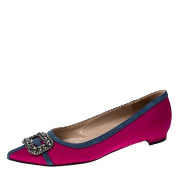 Pre Owned Manolo Blahnik Pink Satin Gotrian Crystal Embellished Pointed Toe Flats Size 39
