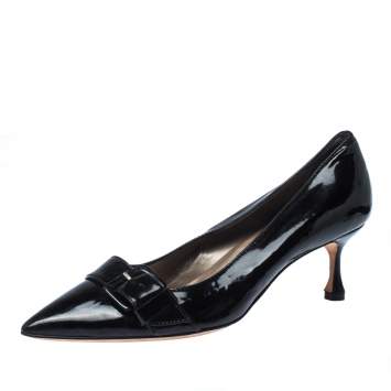 Pre Owned Manolo Blahnik Black Patent Leather Buckle Pointed Toe Pumps Size 38