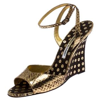 Pre Owned Manolo Blahnik Gold Python Embossed Leather Wedge Ankle Strap Sandals Size 39.5