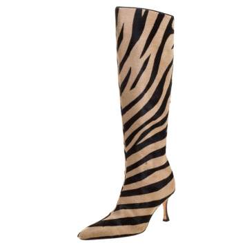 Pre Owned Manolo Blahnik Brown/Beige Calf Hair Leopard Print Knee Length Pointed Toe Boots Size 36