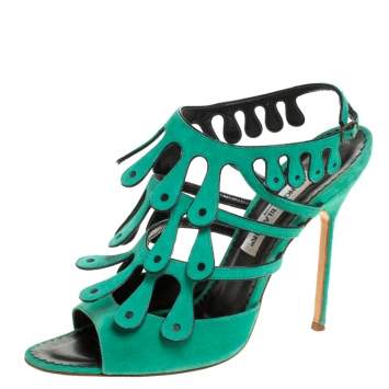 Pre Owned Manolo Blahnik Green Suede Strappy Ankle Strap Sandals Size 41