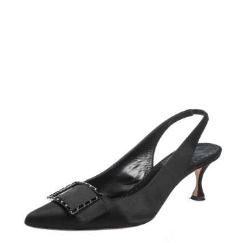 Pre Owned Manolo Blahnik Black Satin Dolores Pointed Toe Slingback Sandals Size 39.5