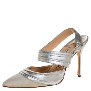 Pre Owned Manolo Blahnik Silver Leather And Grey Grosgrain Alla Pumps Size 37
