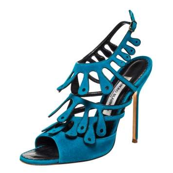 Pre Owned Manolo Blahnik Blue Suede Strappy Ankle Strap Sandals Size 39