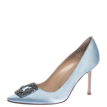Pre Owned Manolo Blahnik Grey Satin Hangisi Crystal Embellished Pointed Toe Pumps Size 40.5