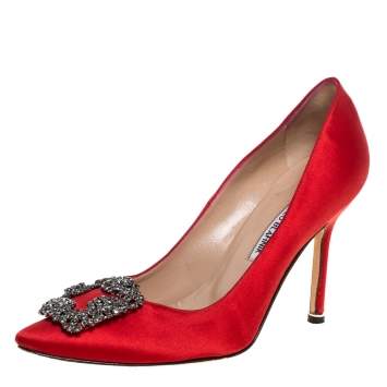 Pre Owned Manolo Blahnik Red Satin Hangisi Embellished Pointed Toe Pumps Size 37.5