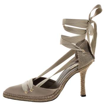 Pre Owned Castaner By Manolo Blahnik Beige Satin And Canvas Espadrille Ankle Tie Pumps Size 39
