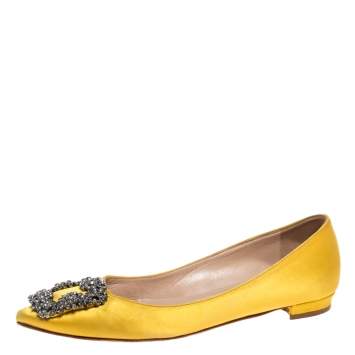 Pre Owned Manolo Blahnik Yellow Satin Hangisi Crystal Embellished Flats Size 34