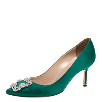 Pre Owned Manolo Blahnik Green Satin Hangisi Crystal Embellished Pumps Size 37