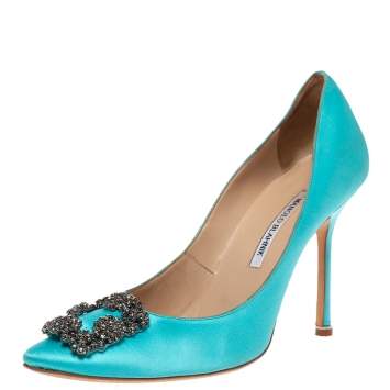 Pre Owned Manolo Blahnik Blue Satin Hangisi Crystal Embellished Pumps Size 40.5