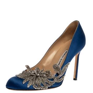 Pre Owned Manolo Blahnik Blue Satin Embellished Swan Pumps Size 39