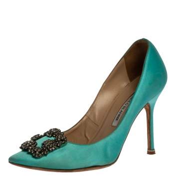 Pre Owned Manolo Blahnik Blue Satin Hangisi Crystal Embellished Pumps Size 38.5