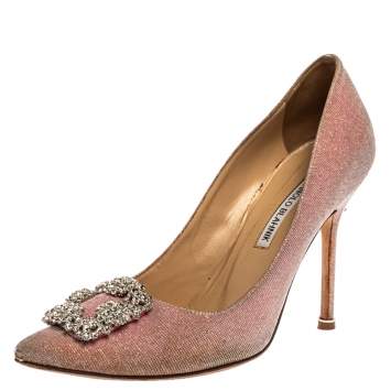 Pre Owned Manolo Blahnik Metallic Pink Glitter Fabric Hangisi Pearl Embellished Pumps Size 40.5