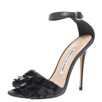 Pre Owned Manolo Blahnik Black Leather Fringed Ankle Strap Sandals Size 36