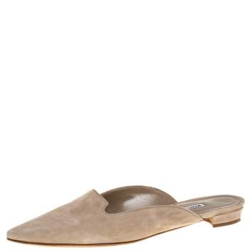 Pre Owned Manolo Blahnik Beige Suede Ruby Flat Mules Size 37