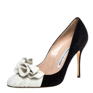 Pre Owned Manolo Blahnik White/Black Suede Leather Arleti Pumps Size 37.5