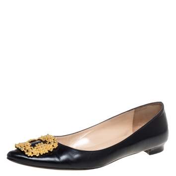 Pre Owned Manolo Blahnik Black Leather Hangisi Embellished Ballet Flats Size 39.5