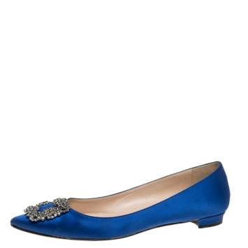 Pre Owned Manolo Blahnik Blue Satin Hangisi Ballet Flats Size 40.5