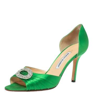 Pre Owned Manolo Blahnik Green Satin Sedaraby Crystal Embellished Open Pumps Size 41