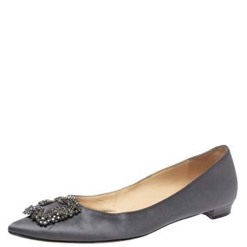 Pre Owned Manolo Blahnik Grey Satin Hangisi Crystal Embellished Ballet Flats Size 41