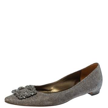 Pre Owned Manolo Blahnik Metallic Grey Glitter Fabric Crystal Embellishments Hangisi Ballet Flats Size 41