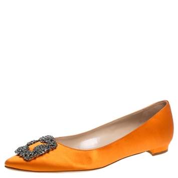 Pre Owned Manolo Blahnik Orange Satin Hangisi Crystal Embellished Flats Size 39.5