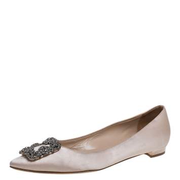 Pre Owned Manolo Blahnik Nude Satin Hangisi Ballet Flats Size 38.5