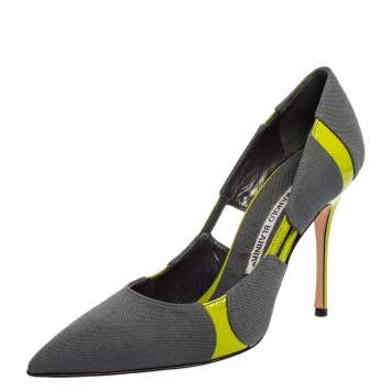 Pre Owned Manolo Blahnik Grey/Green Canvas And Leather Pointed Toe Pumps Size 37