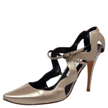 Pre Owned Manolo Blahnik Metallic Beige Leather Cutout Sandals Size 39.5