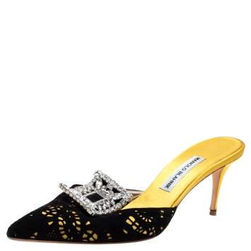 Pre Owned Manolo Blahnik Yellow/Black Satin and Laser Cut Suede Borli Crystal Embellished Mules Size 39.5