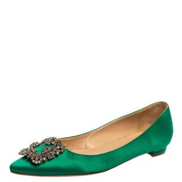 Pre Owned Manolo Blahnik Green Satin Hangisi Flats Size 39