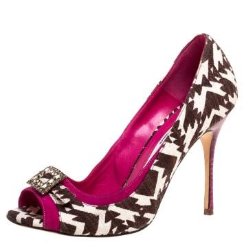 Pre Owned Manolo Blahnik Tri Color Printed Canvas And Suede Buckle Embellished Detail  Peep Toe Pumps Size 37