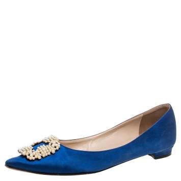 Pre Owned Manolo Blahnik Blue Satin Hangisi Crystal Embellished Ballet Flats Size 39.5
