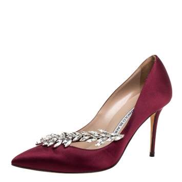 Pre Owned Manolo Blahnik Burgundy Satin Nadira Crystal Embellished Pointed Toe Pumps Size 36.5