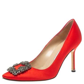 Pre Owned Manolo Blahnik Red Satin Hangisi  Pumps Size 36.5