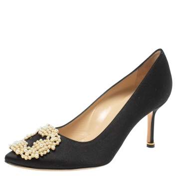 Pre Owned Manolo Blahnik Black Satin Pearl Embellished Hangisi Pumps Size 37
