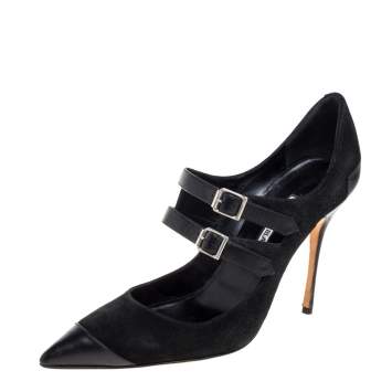Pre Owned Manolo Blahnik Black Suede and Leather Mary Jane Pointed Toe Pumps Size 40
