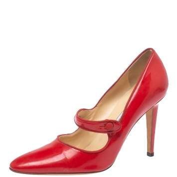 Pre Owned Manolo Blahnik Red Patent Leather Campy Mary Jane Pumps Size 38