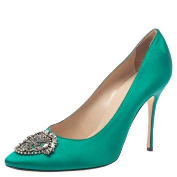 Pre Owned Manolo Blahnik Green Satin Crystal Embellished Okkato Pumps Size 40.5