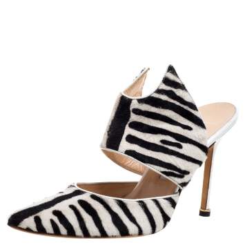 Pre Owned Manolo Blahnik Monochrome Zebra Print Pony Hair Pointed Toe Mules Size 39.5