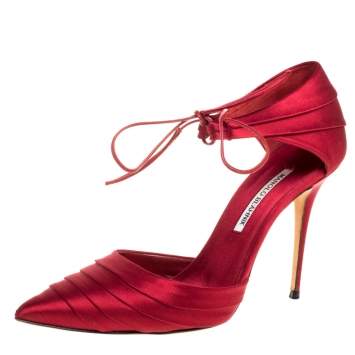 Pre Owned Manolo Blahnik Red Satin Reya Pleated Pointed Toe Ankle Wrap Pumps 39.5